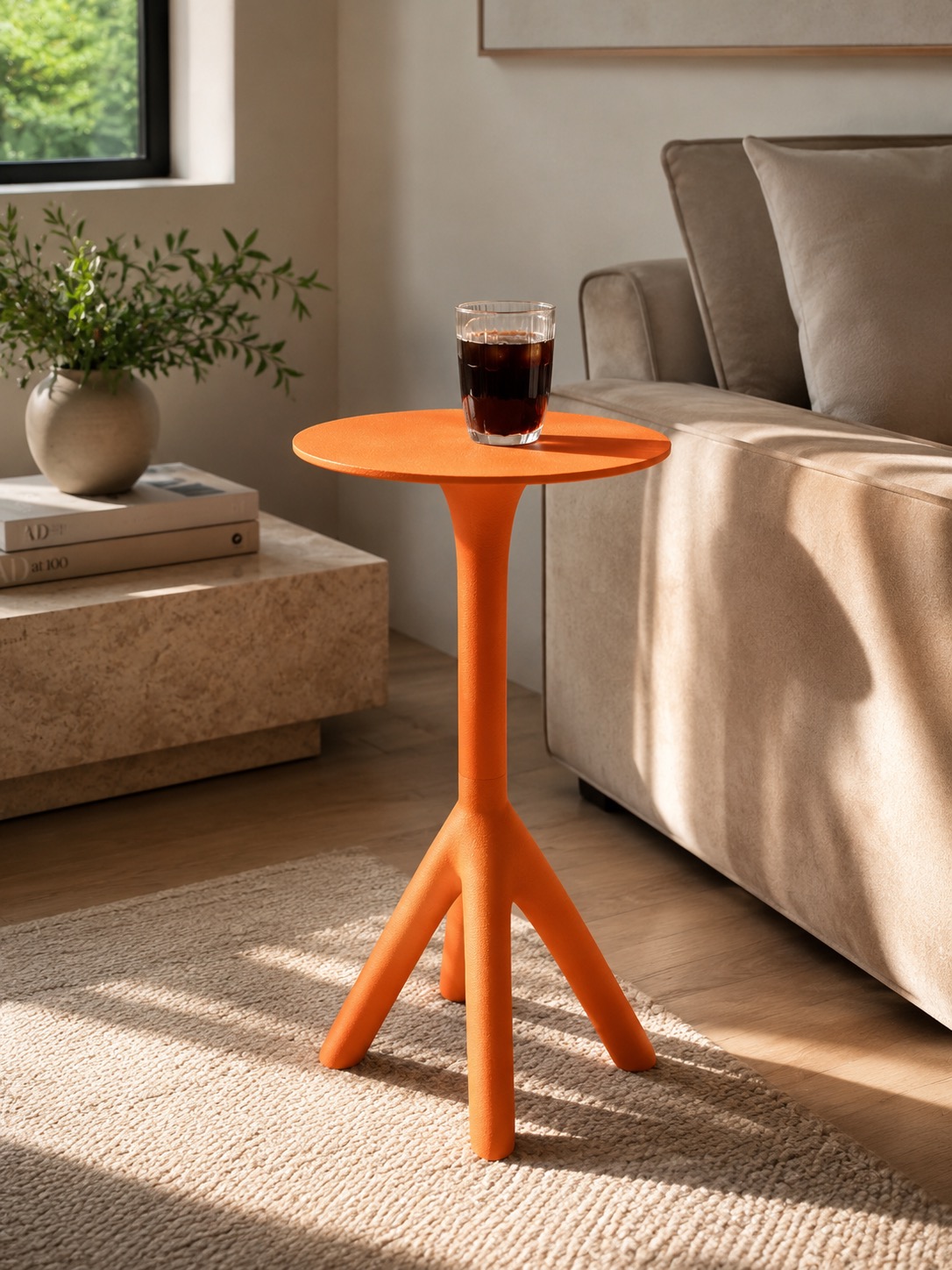Mandarin Orange Righter Street Side Table beside a sofa